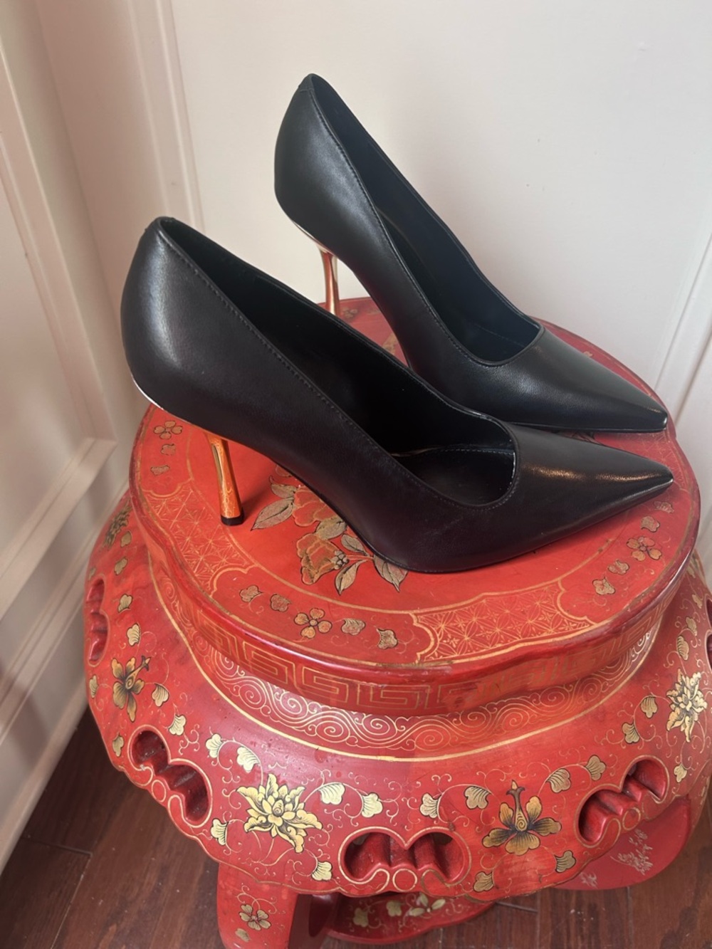 Nine West ‘Jamiey’ Black Pointed-Toe Pumps with Gold Stiletto Heel